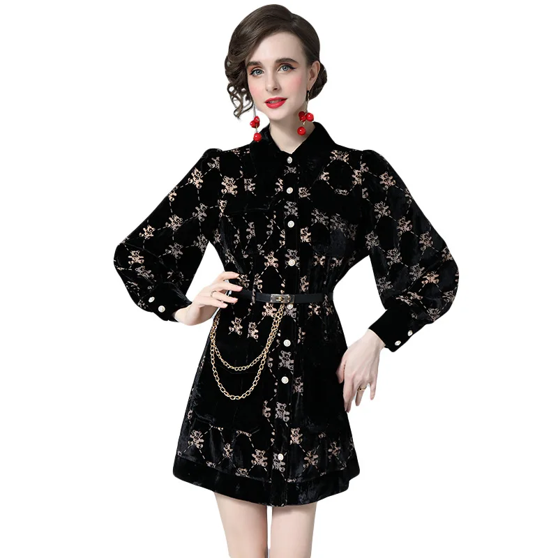 

Elegant Button Cartoon Print Velvet Dress Women Long Sleeve High Waist Belt Slim Short Dress Office Lady Black Lapel Shirt Dress
