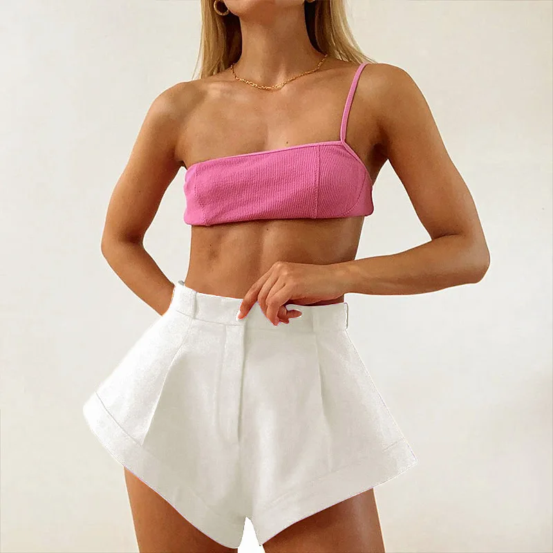 New Rose Red Shorts Women Summer High Waist Elegant Loose Solid Female Office Lady Wide Leg Casual Streetwear Hot Shorts 2021