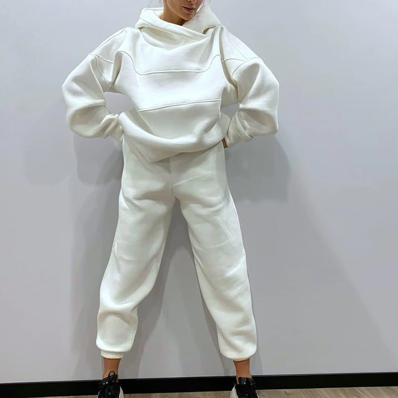 

Ladies Fleece Tracksuit Two-Piece Set Warm Thick Hooded Sweatshirt And High Waist Jogging Pants Suit 2021 Autumn Winter New