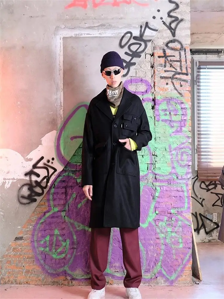 Men's woolen coat autumn and winter mid-length black stitching | Мужская одежда