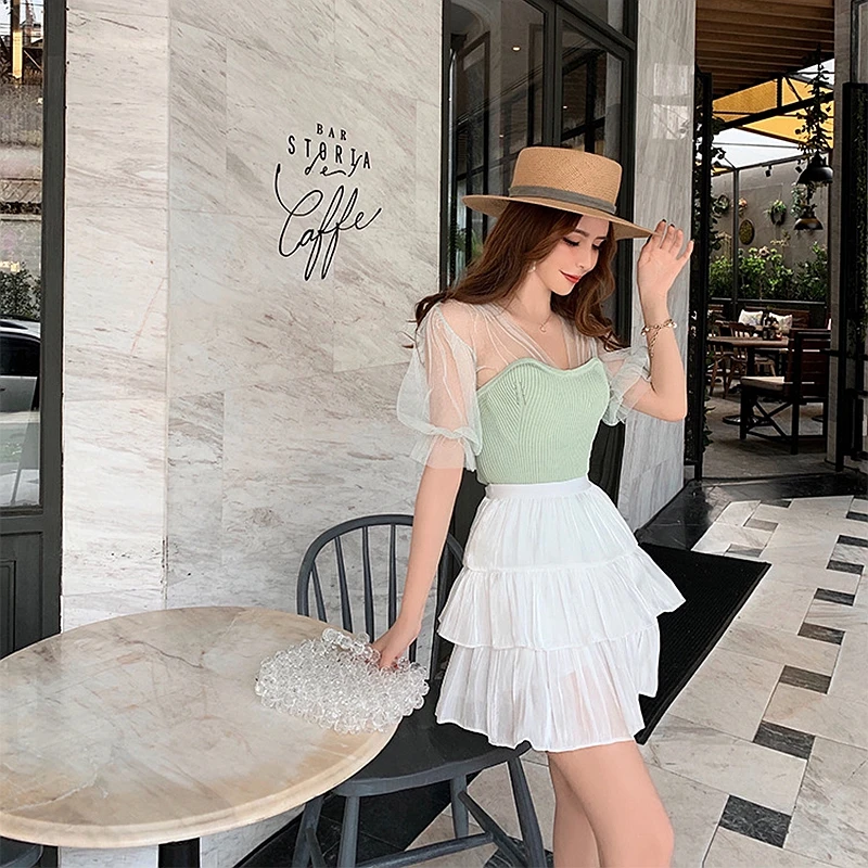 Майка женская хлопковая трикотажная с кружевом зеленая/белая | Женская одежда