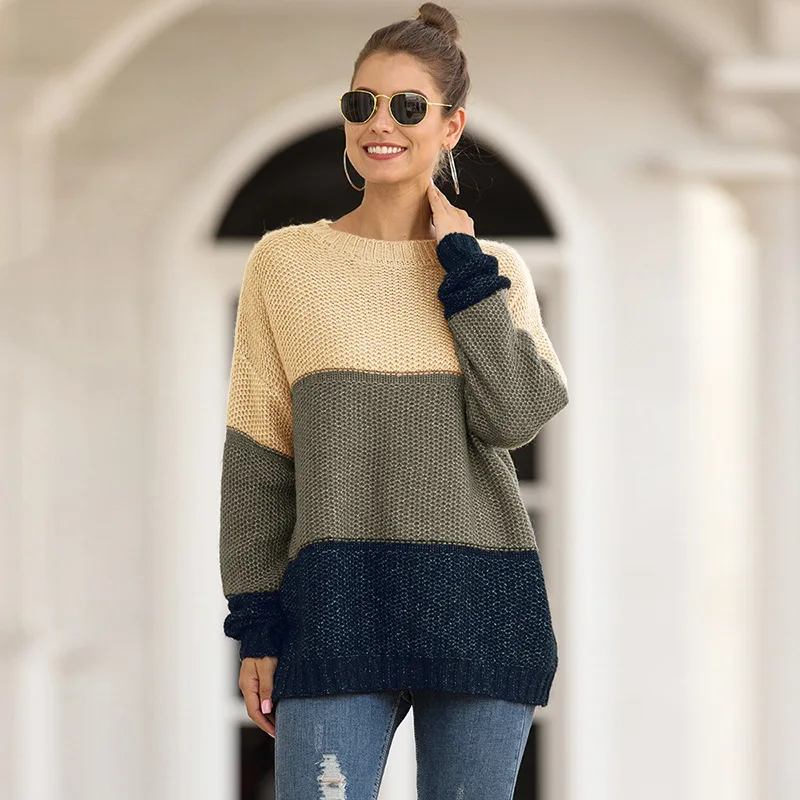 

Autumn Winter 2021 Ladies Knitted Sweater Women's O-neck Full Sleeve Jumper Pullovers Top Brown Casual Striped Pullover Sweaters