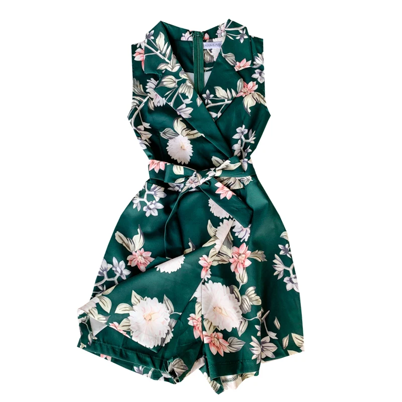 

floral women playsuits and rompers v-neck turn-down collar slim short sexy belt wide leg female lady elegant rompers top quality