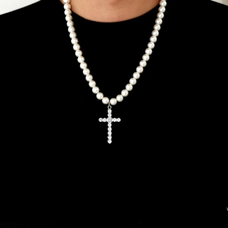 

European and American Simple Cross 8-10mm Pearl Contrast Necklace Hip Hop Fashion Stainless Steel Trend Men Women Accessories