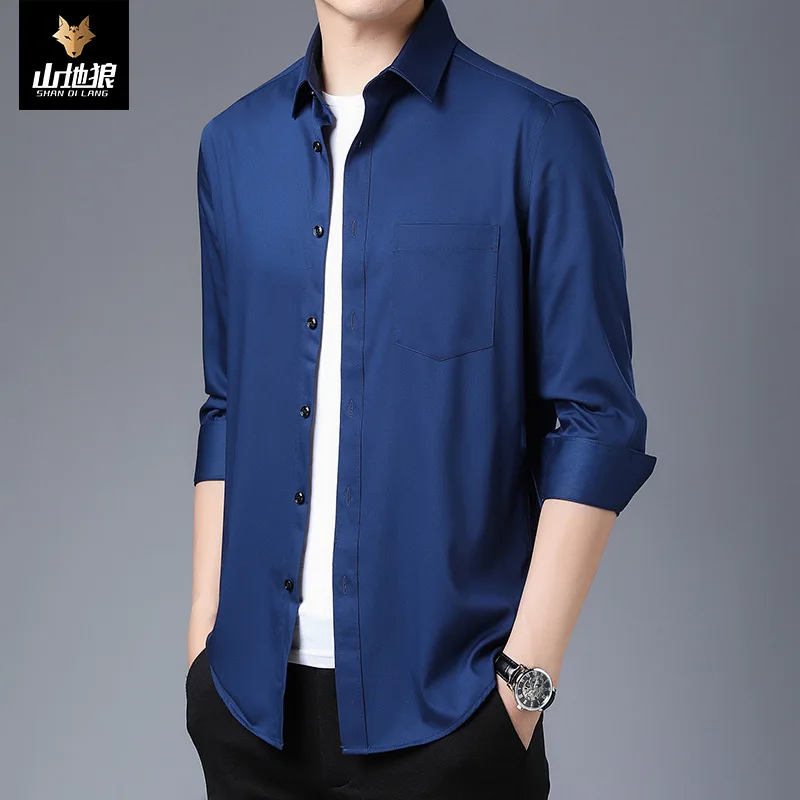 

Mountain Wolf men's 2021 spring father's men's shirt business non iron middle aged and old men's long sleeve shirt men's shirt