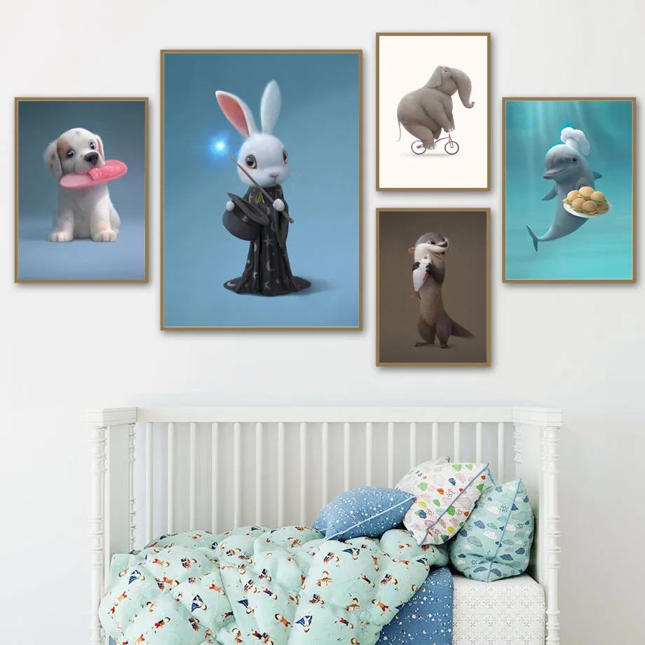

Cute Dog Rabbit Elephant Whale Otter Nordic Posters And Prints Wall Art Canvas Painting Cartoon Wall Pictures Kids Room Decor