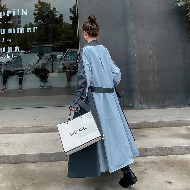 

SuperAen 2021 Spring New Contrast Patchwork Long Full Turn Down Collar Trench Coat for Women