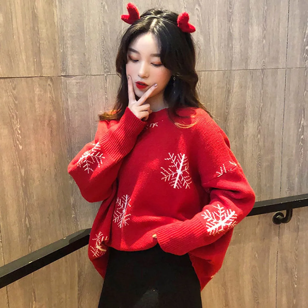 Christmas Women Sweater Santa Claus Reindeer Printed O-neck Long Sleeve Women Pullovers Winter Jumpers Knitwear Sweater