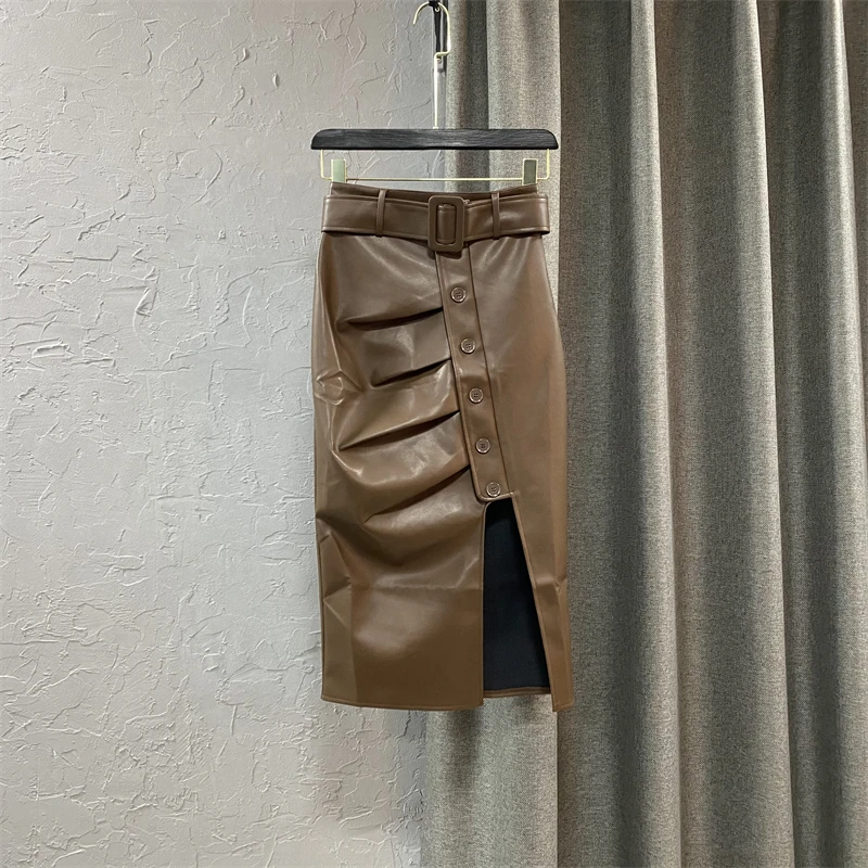 

2021 Autumn New High Waist Single-Breasted Pleated Mid-Length PU Leather Skirt Women 's Sexy Skirt Office Lady Leather Skirts