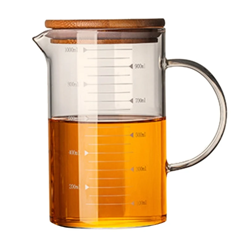 

Градуированная кружка-стакан с ручкой и прочной бамбуковой крышкой, из боросиликатного стекла, многофункциональный мерный стакан для пище...