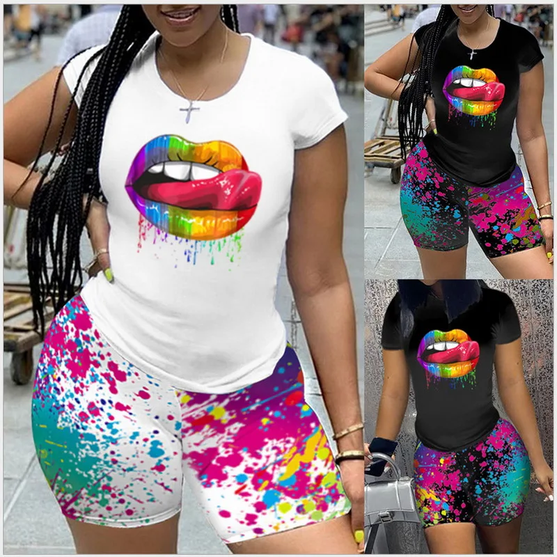 

2021 Women's Summer Leisure Two-Piece Short Sleeve T-Shirt with Ink Lip Printing XL