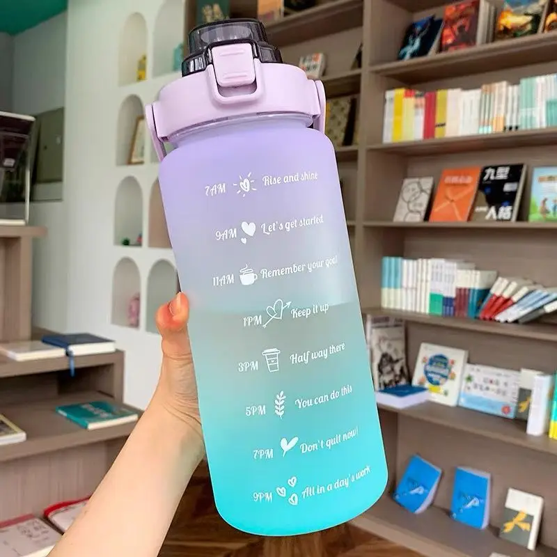 2 Liter Large Capacity Free Motivational With Time Marker Fitness Jugs Gradient Color Plastic Cups Outdoor Frosted Water Bottle | Дом и сад