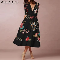 wepbel fashion pleated dress womens casual floral print high waist dress autumn slim fit patchwork v neck short sleeve dress