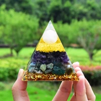 handmade orgonite pyramid with white crystal sphere and amethyst fluorite energy orgone for chakra healing