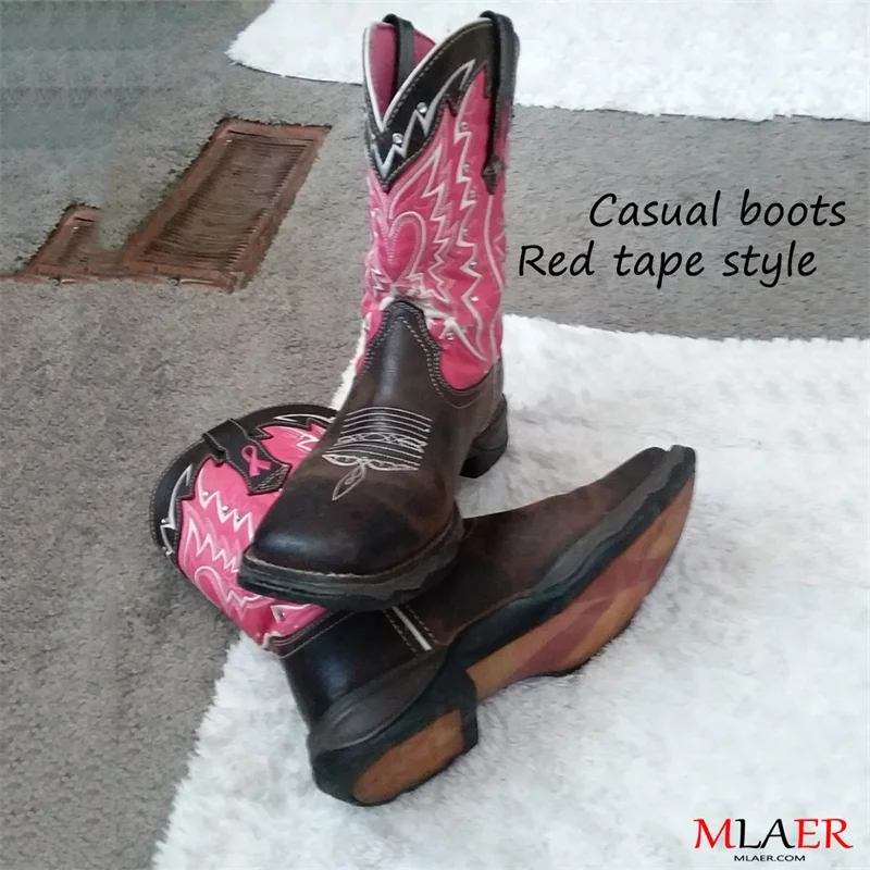 

Women's PU Brown Stitching Pink Exquisite Embroidery Rhinestone Decoration Round Head Low-heel Fashion All-match Boots ZQ0255