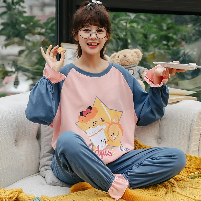 

Autumn Fashion Cotton Pajama Set For Women Kawaii Pink Stars Print Nightwear Suit Cute Pink Lotus Sleeve Homewear Soft Sleepwear