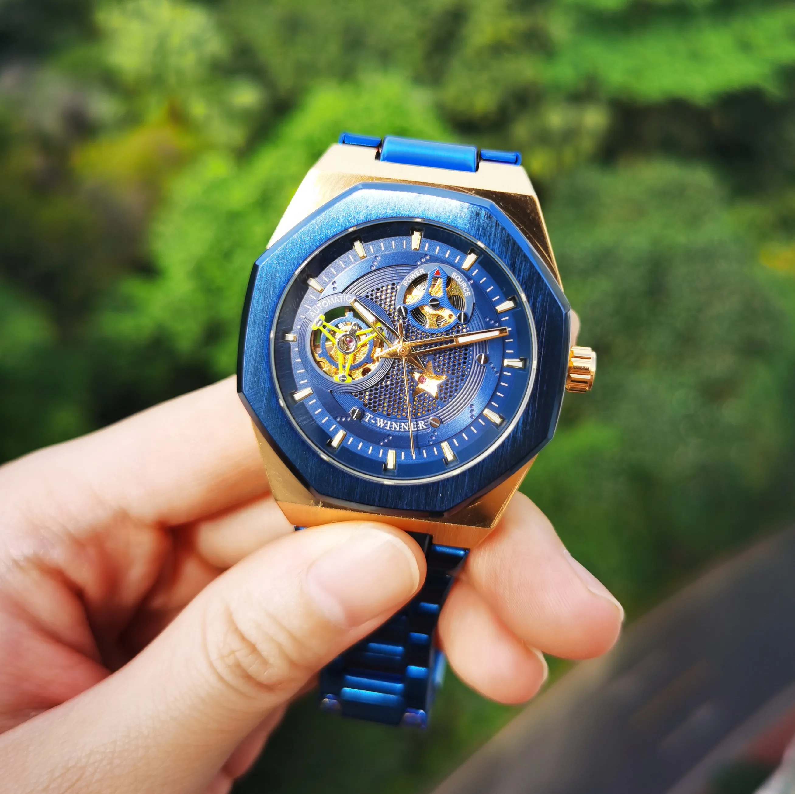 

Automatic Mechanical Gold Watch Men Luxury Skeleton Stainless Steel Strap Steampunk Business Big Metal Case Blue