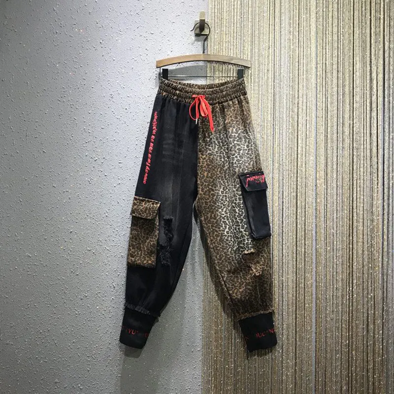 Leopard Print Patchwork Women Denim 2 Piece Set Fashion Jeans and Jacket Streetwear Womens Loose Jeans Coat