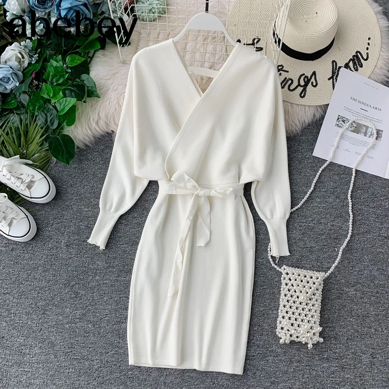 

Женское трикотажное платье с рукавом летучая мышь, элегантное винтажное белое платье с V-образным вырезом, офисное платье с поясом, Осень-зи...