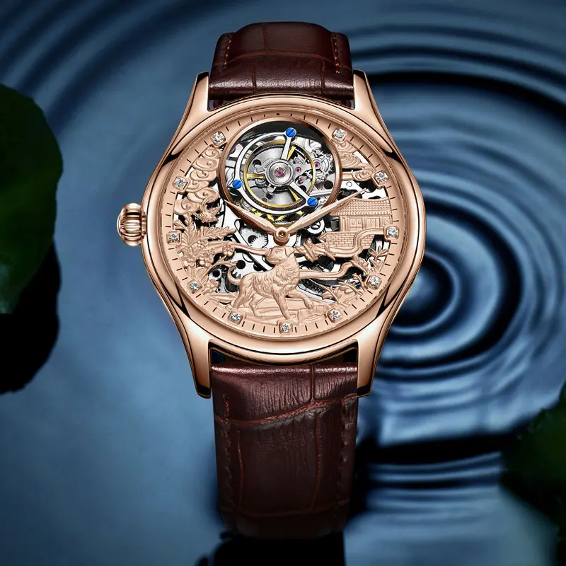 Rose gold Kopeck, мужские часы, Tourbillon, скелет, механические часы, Сапфировая кожа,, Роскошные,, бренд, собака, Relogio Masculino - Цвет: Rose gold