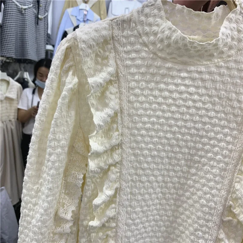 

2020 Autumn Winter New Half High Neck Lace Blouse Polka Dot Ruffled Long Sleeve Base Shirt Elegant Slim Pullover For Women