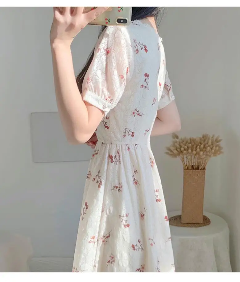 

NONSAR Little Red Flower Boho Dress Square Neck Short Sleeve Lady Printed Dress Sukienki For Women 2021