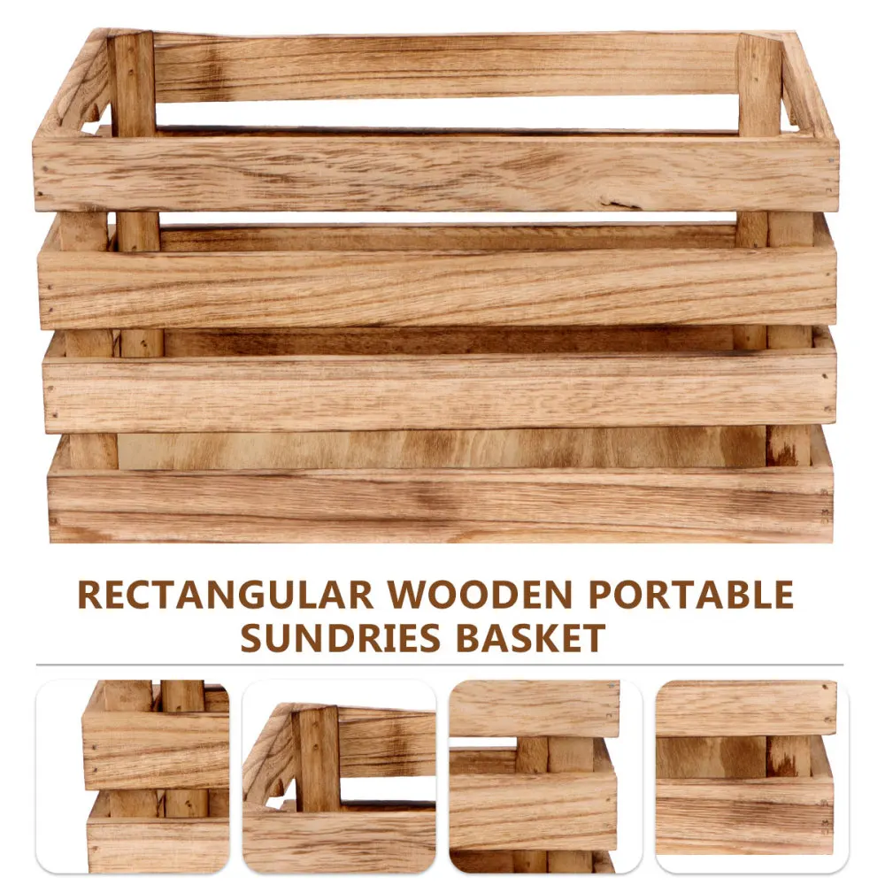 

1PC Rectangular Sundries Wooden Basket Portable Wooden Storage Box Multi-purpose Display Basket for Home Office (Brown)