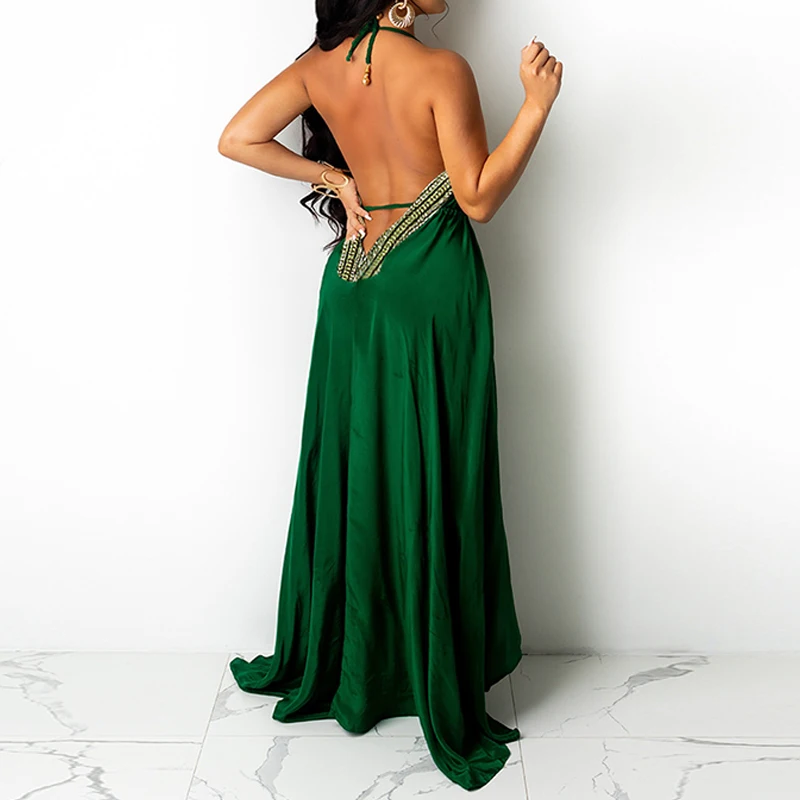 

Halter Deep V Neck Backless Maxi Dress Summer Evening Party Elegant Dress Vestidos