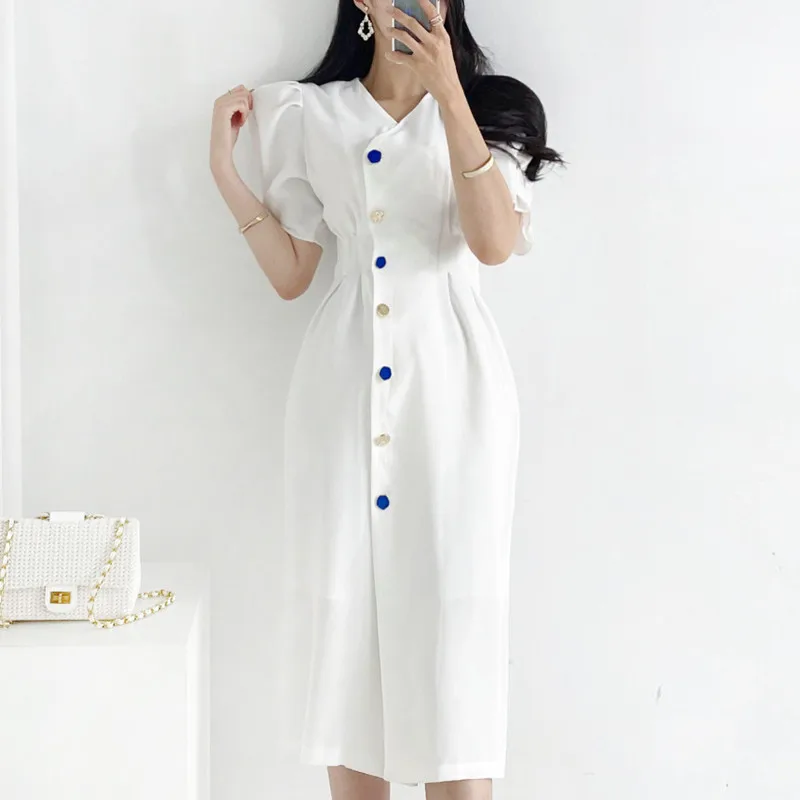 

2021 New Fashion Women Vintage Ruffled pleated dress Short sleeve Sexy Solid Elegant french style Single-breasted Dress