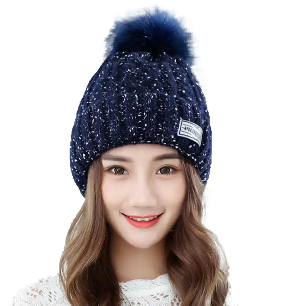 Navy Blue Осенне-зимняя утолщенная теплая вязаная шапочка, шапка из искусственной шерсти, шапка без полей, зимняя шапка с декором из искусственного шерстяного шарика для женщин 30E - Цвет: Navy Blue