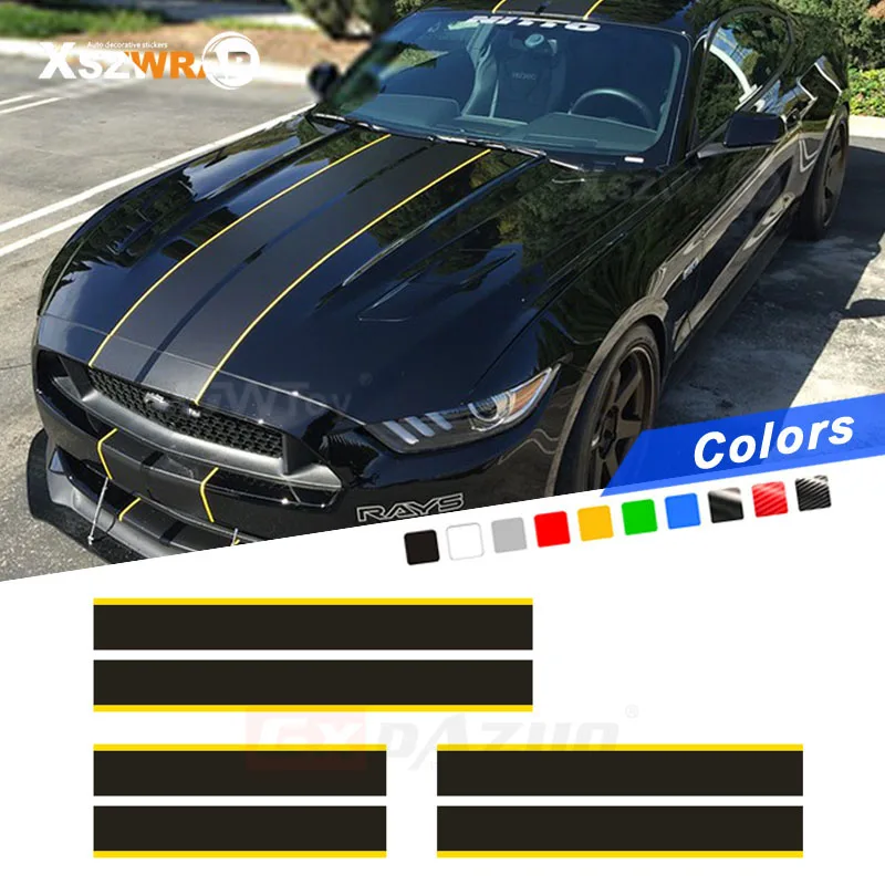 

Sport Racing Stripes Vinyl Decal Car Hood Roof Tail Whole Sticker Auto Matt Black Front Rear Bumper Decals For Ford Mustang GT
