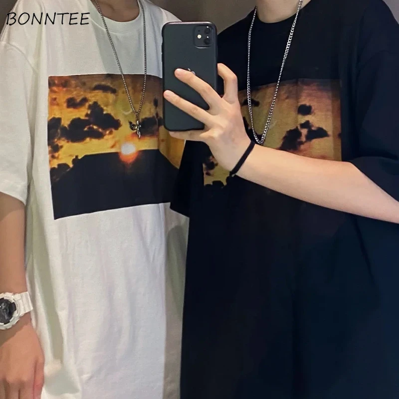Женские Модные свободные футболки в Корейском стиле топы с природным пейзажем