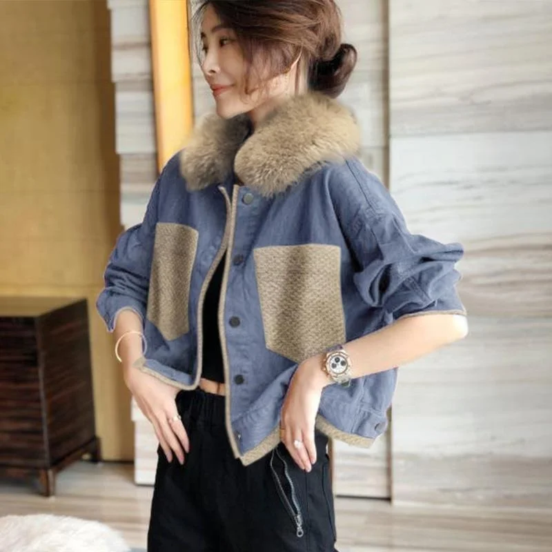 

Женская однобортная джинсовая куртка на меху ягненка, Повседневная Толстая теплая джинсовая куртка, X202, для зимы, 2021
