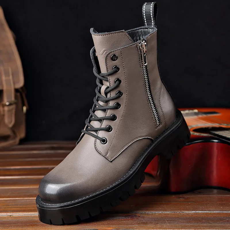 

Men Shoes ComfortableCotton Lining Non-slip Wearabl Fashione High-top Lace-up Genuine Leather Martin Boots Round Head Snow Boots