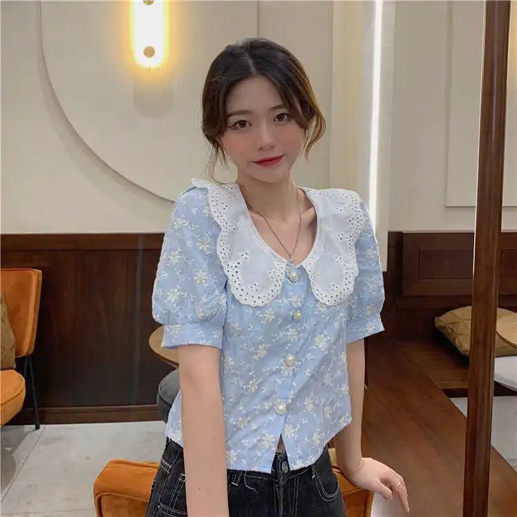 

Real Shot Cost-Effective Puff Sleeve Doll Collar Pearl Buckle Embroidery