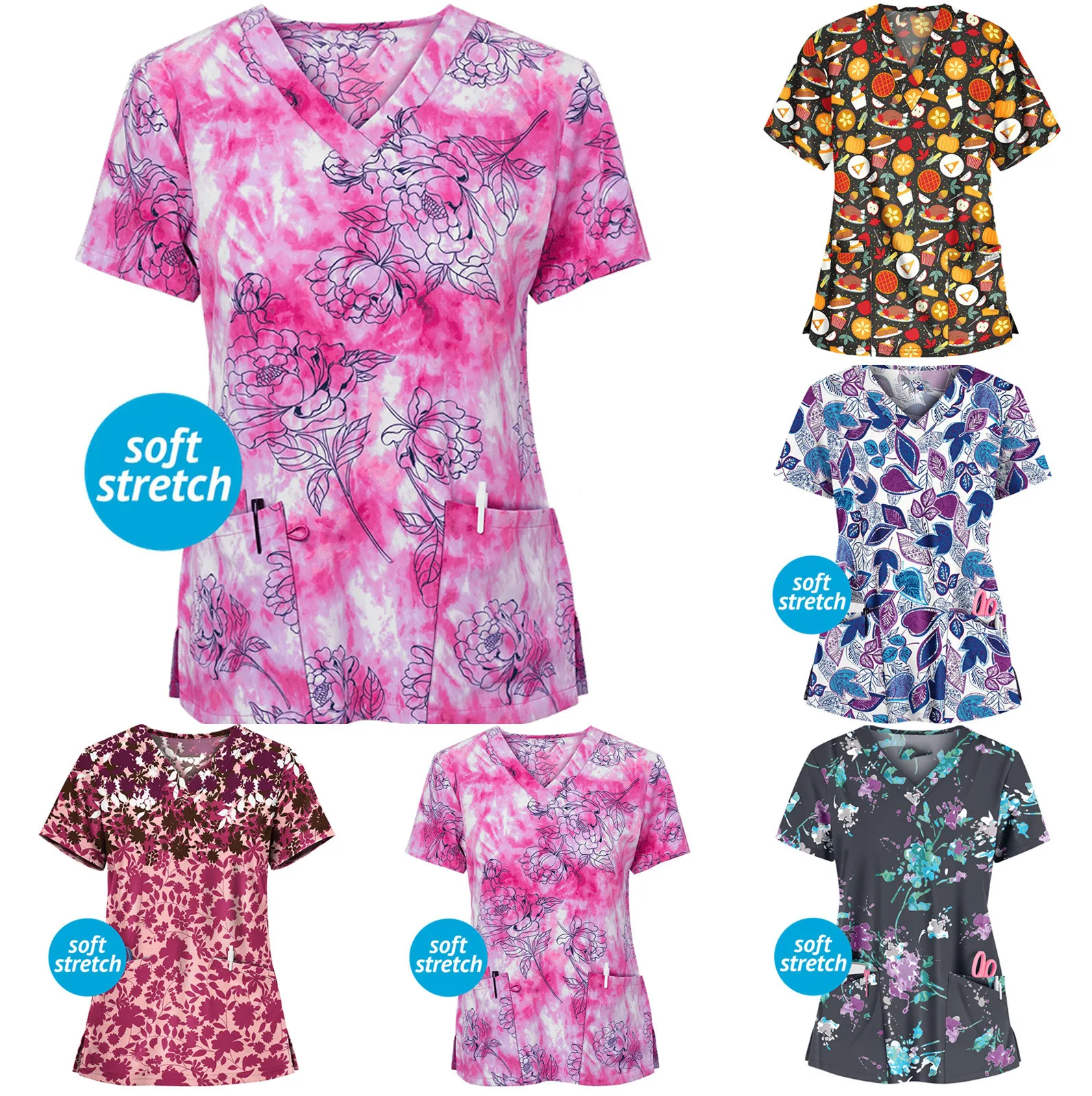 

S-2XL Spring Autumn Ladies Short Sleeve V-neck Pocket Workwear Top grinch christmas Unique printing Convenient and stylish F4