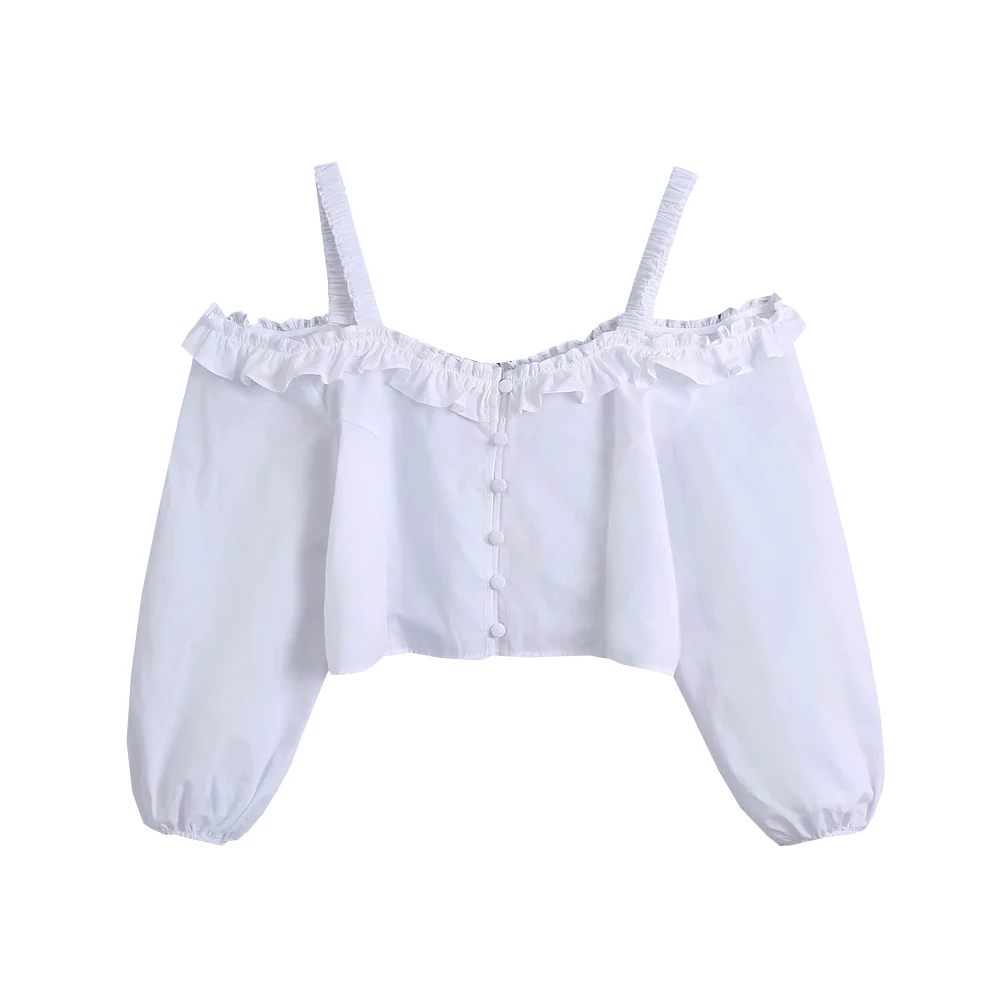 

Za Women Sweet Cascading Ruffles Solid Casual Slim Sling Smock Blouse Female Agaric Lace Short Shirts Chic Crop Tops