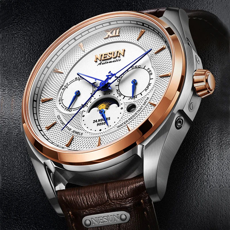 

Luxury Brand Switzerland NESUN Automatic Mechanical Men's Watches Multi-function 50M Waterproof Moon Phase Luminous Clock N9050