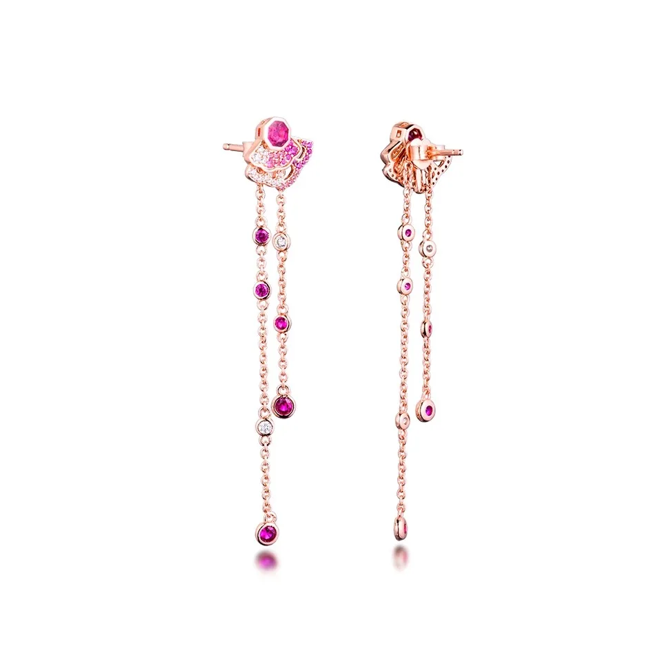 

2020 Autumn New 925 Sterling Silver Pink Pave Earrings Rose Gold Fan Tassel Stud Earrings Women Birthday Gift Fashion Jewelry