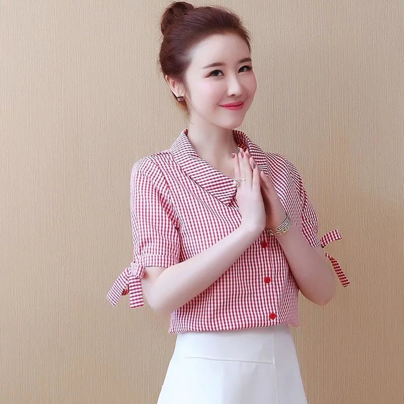 

Mulheres Estilo Primavera Blusas Camisas Женские повседневные блузы с коротким рукавом с воротником Питер Пэн в клетку Impresso Blusas топы