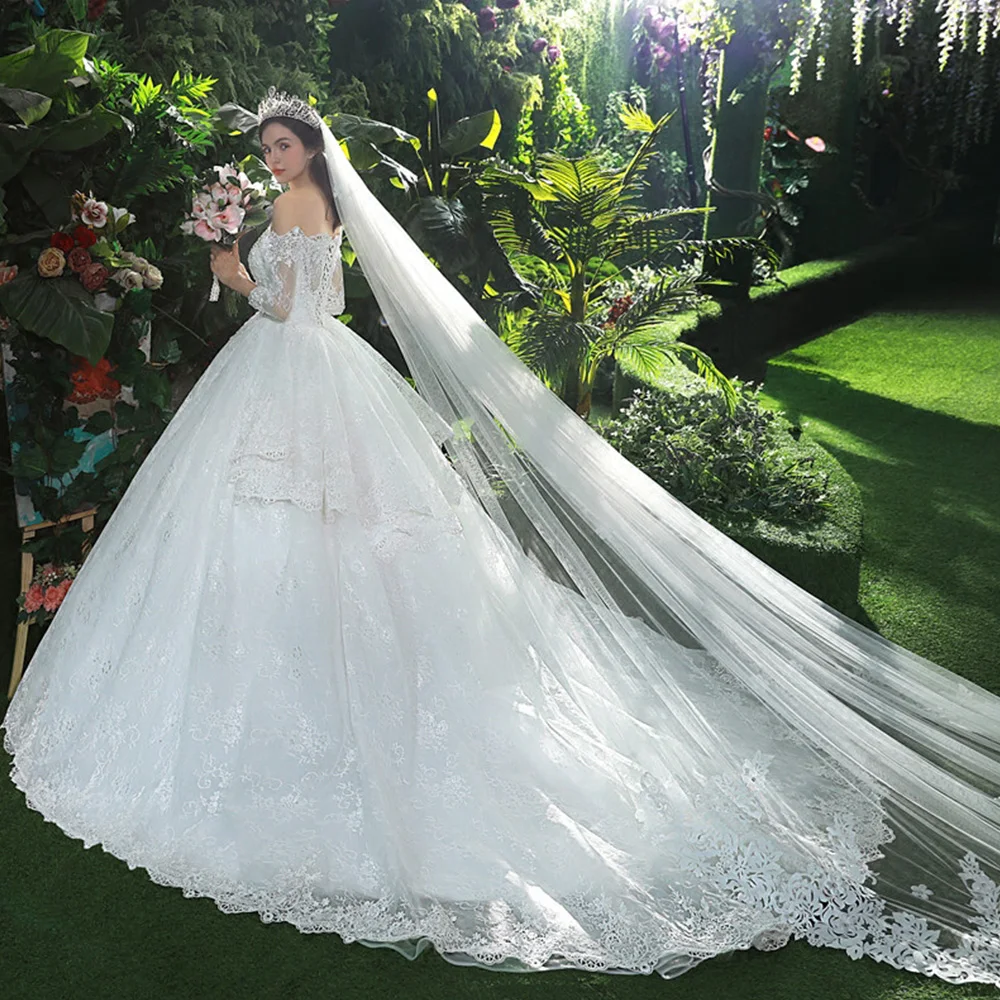 Свадебное платье принцессы с изображением вуали Brautkleid вырез лодочкой три четверти рукав Кружевная аппликация украшенная бисером белые платья невесты