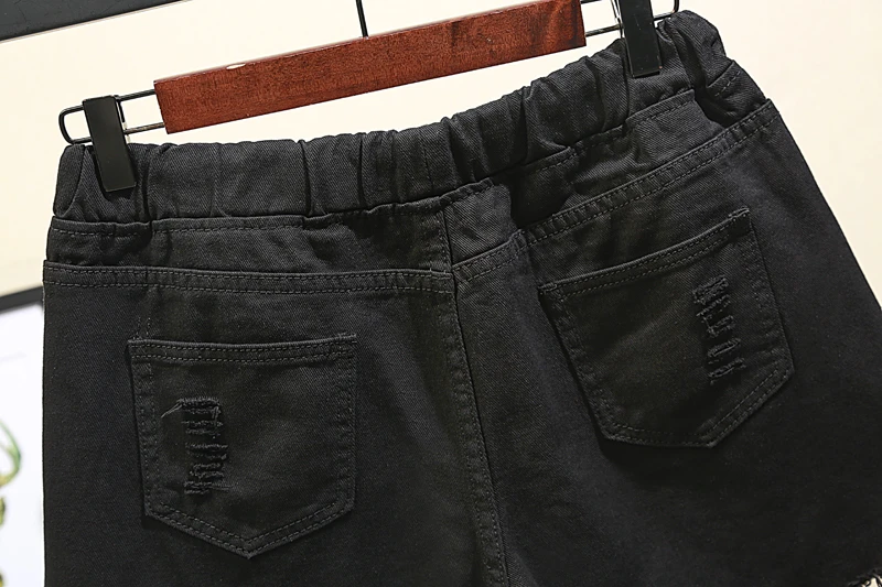 

Houthion New Denim Shorts Casual Fashion Pocket Hole High Waist Elastic Waist Women Clothing Summer Plus Size Solid Short Jeans