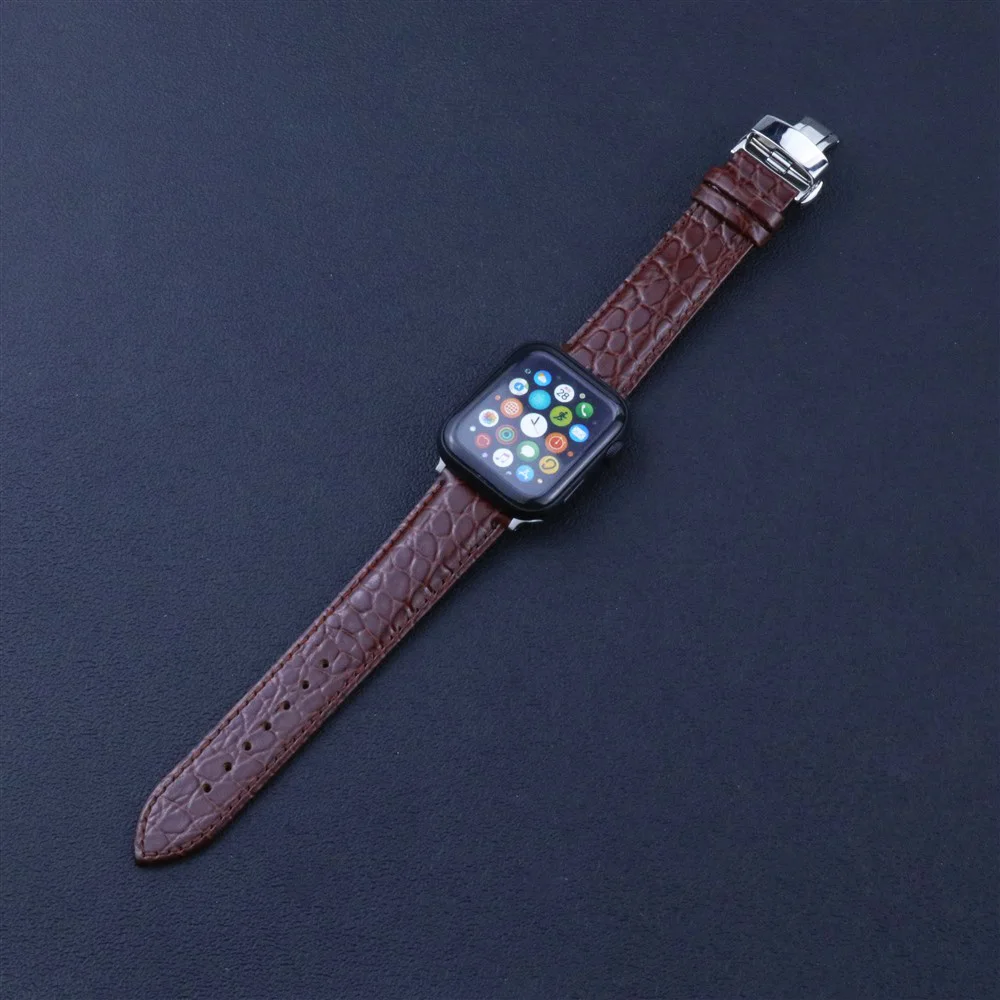 Crocodile Pattern Genuine Leather Butterfly buckle Watch strap for Apple Watch iwatch series 5/4/3/2/1 38mm 40mm 42mm 44mm