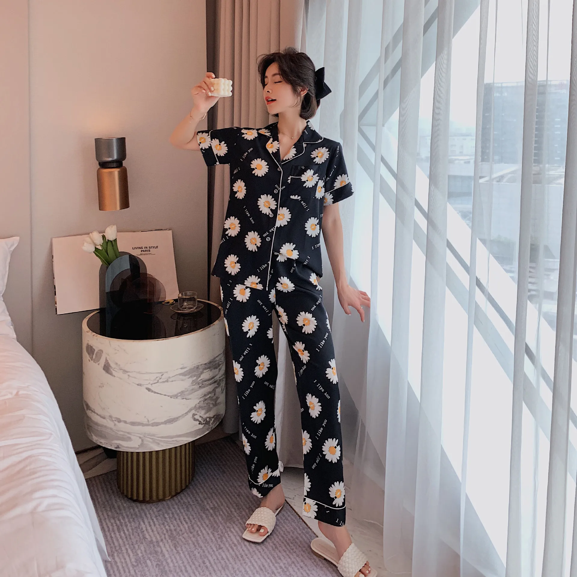 Пижама женская из вискозного волокна тонкий костюм с короткими рукавами и