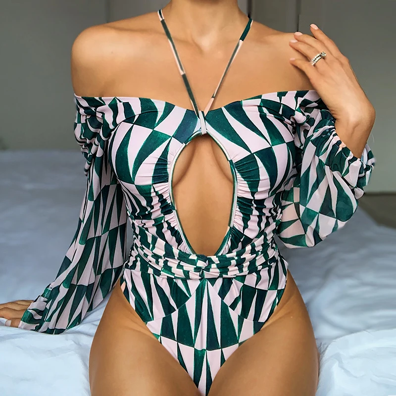 Винтажный слитный купальник женский с длинным рукавом Женский размера плюс