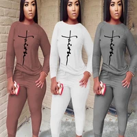 womens spring and autumn long sleeve letter printing casual t shirt slit top skinny pencil pants sportswear office xl set
