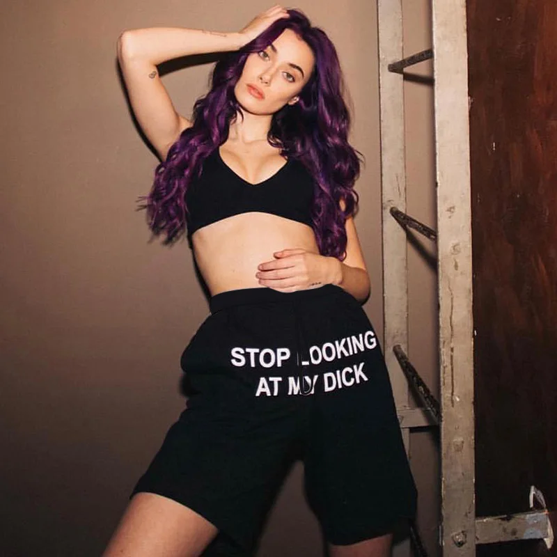 

OSLLENLLA Letter Print Black Casual Shorts Women Hip Hop laceup Waist Loose Fit Ladies Fashion Streetwear Short Sweatpants