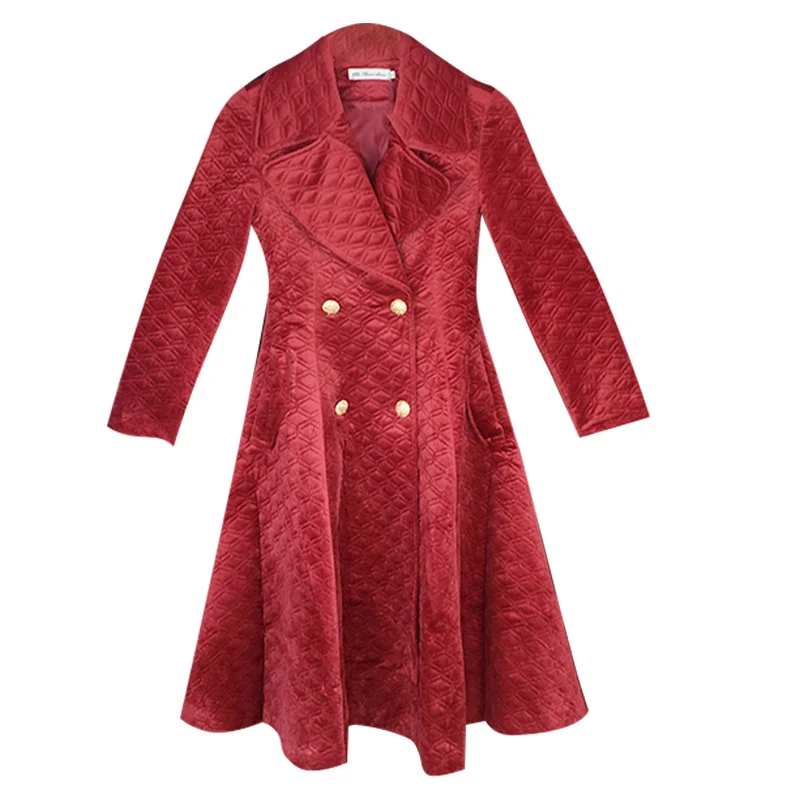 Женское пальто осенне-зимнее бархатное длинное в стиле ретро с кружевной талией