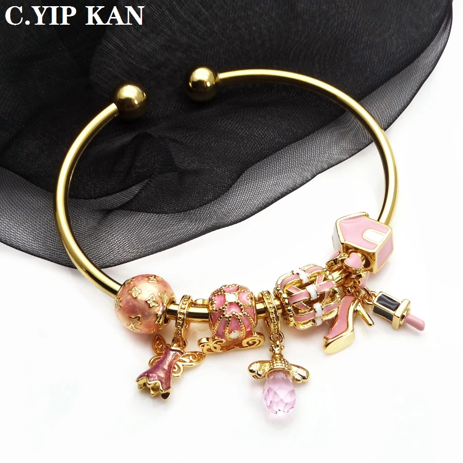 

Brass electroplated gold enamel pink series with pearl bracelet, lipstick pendant bracelet for women to make gifts