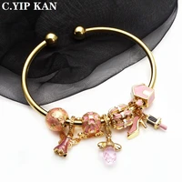 brass electroplated gold enamel pink series with pearl bracelet lipstick pendant bracelet for women to make gifts